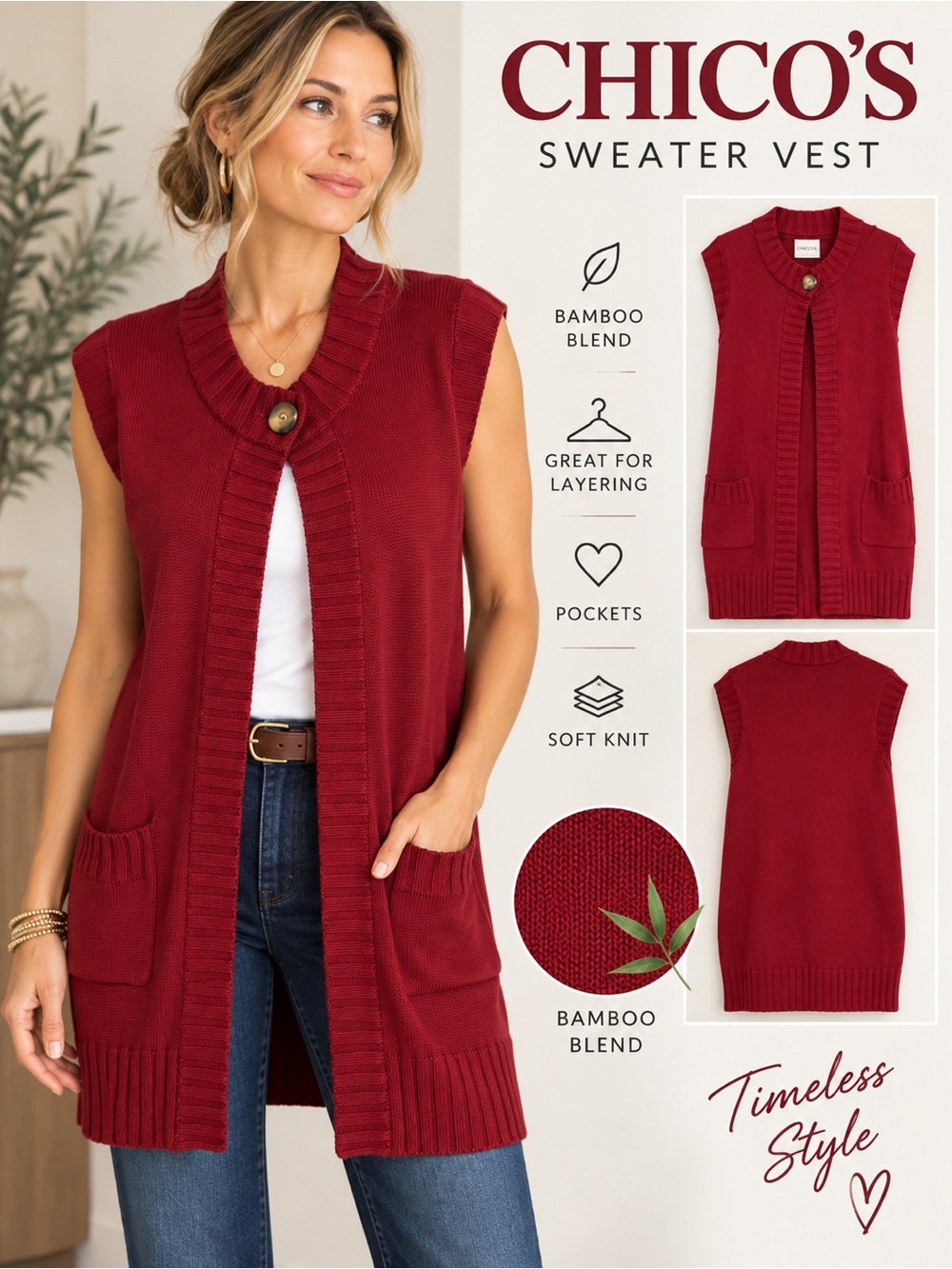 Chico's Size 0 Small Red Bamboo Cotton Long Sweater Vest Cardigan Pockets